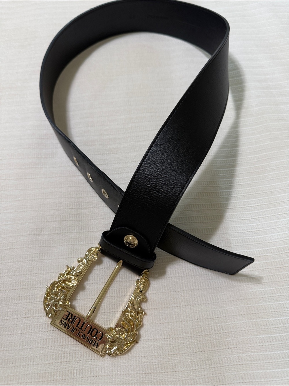Versace Jeans Collection Black Leather Belt with Decorative Gold Buckle